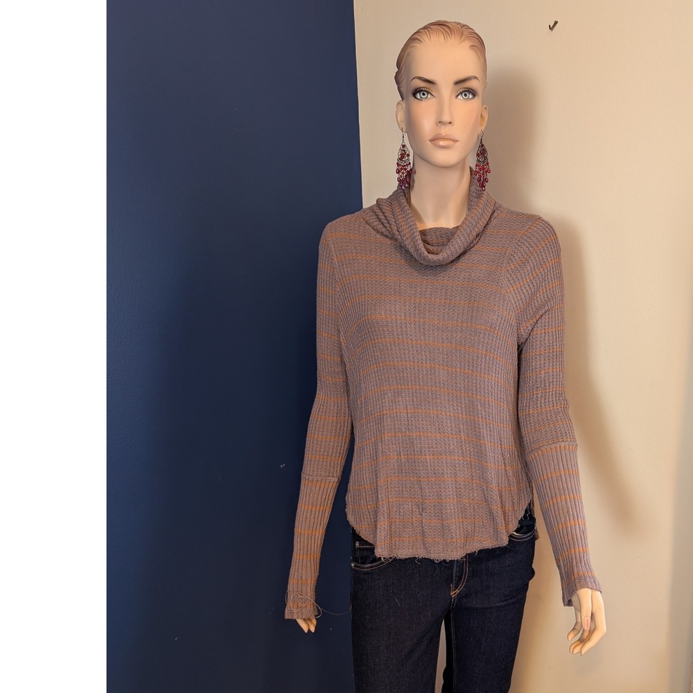 We The Free‎ People Cowl Neck Striped Gray Tunic Top Raw Hem Long Sleeve PS